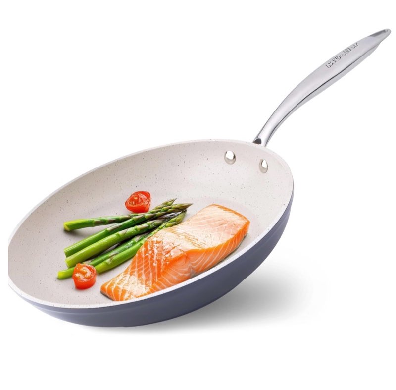 Mueller Frying Pan, Heavy Duty German Stone Coating Non Stick Frying Pans, No PFOA or APEO, Paella Pan, Dishwasher and Oven Safe, Even Heat Distribution, Cool Stainless Steel Handle, Light Grey