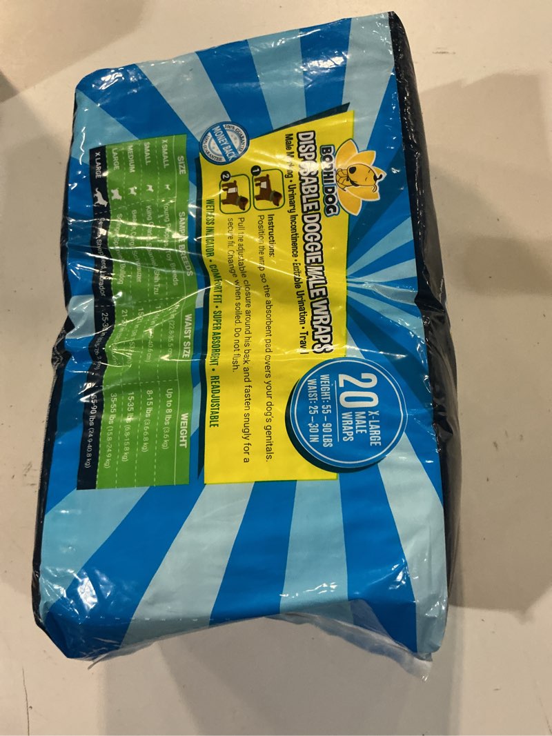 Condition photo showing New/Like New for bodhi dog disposable male dog diapers - super absorbent, leak-proof pee wraps - adjustable fit, comfortable design, advanced moisture control, and wetness indicator - extra large (20 count)