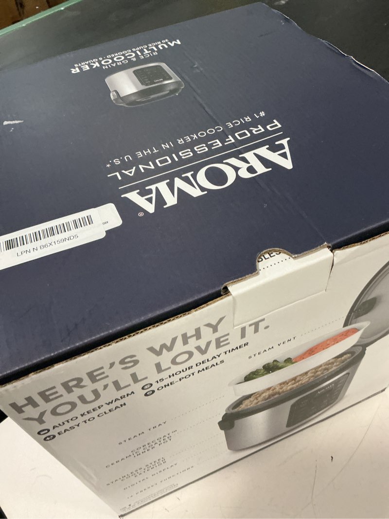 Condition photo showing As Is for aroma professional digital rice cooker, 10-cup (uncooked) / 20-cup (cooked), multicooker, slow cooker, steamer, oatmeal cooker, egg cooker, sts, 5 qt, black, arc-5200sb