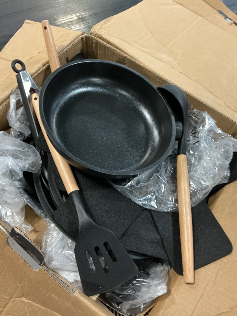 Condition photo showing As Is for astercook 19 pcs pots and pans set non stick, black titanium induction kitchen cookware sets, non toxic healthy kitchen cooking set with frying pans set, pfas ptfe pfoa pfos free, mothers day gifts
