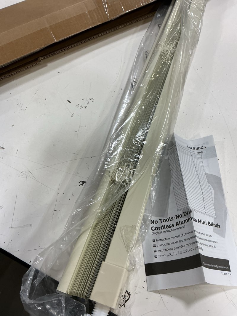 Condition photo showing As Is for lazblinds no tools-no drill 1" aluminum mini blinds, cordless blinds for indoor windows, light filtering horizontal blinds and shades for window size 30'' w x 64'' h, cream no drill-cream 30'' w x 64'' h