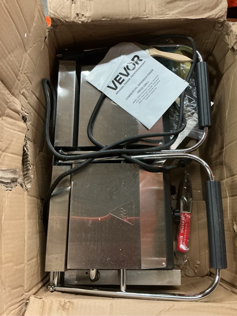 Condition photo showing As Is for VEVOR Commercial Panini Grill, 3600W Electric Sandwich Panini Maker, Stainless Steel Double Sandwichs Press with Handle and Temp Control, 19x9 in Full Flat Enamel Plate, for Hamburger Steak Bacon