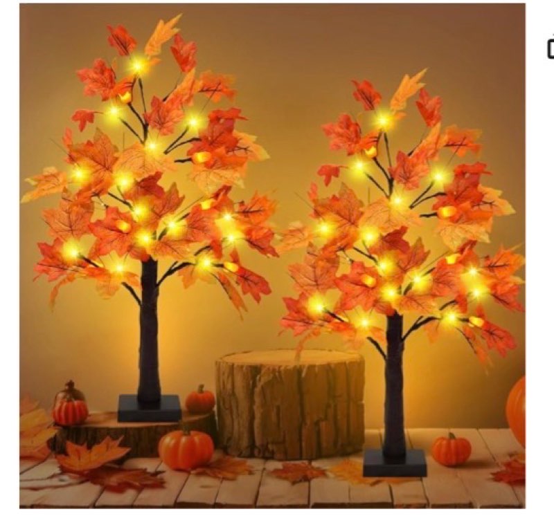 2 Pack 24 Inch Prelit Fall Maple Tree Decorations with 48 LEDs Timer Fall Battery Operated Lighted A