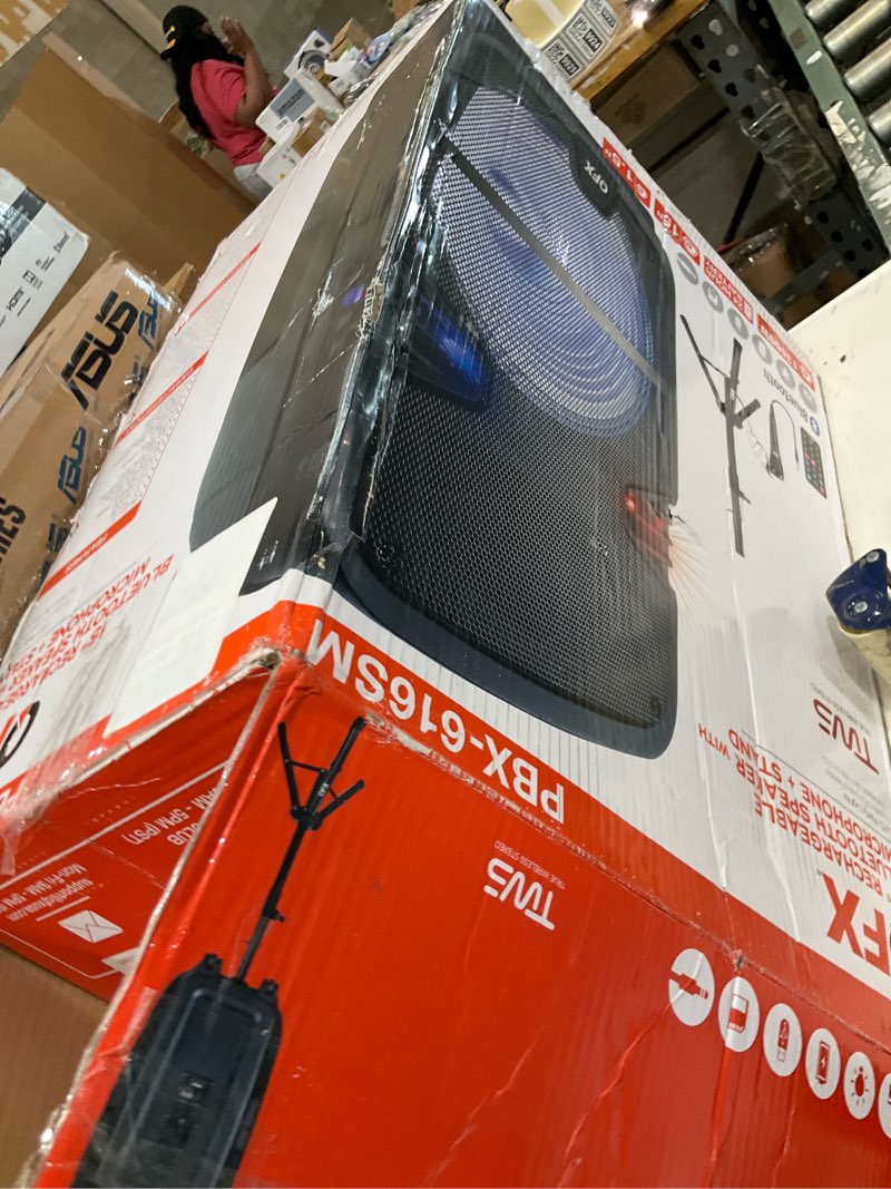 Condition photo showing As Is for qfx pbx-616sm 15" bluetooth rechargeable speaker with led lights, mic and stand, black