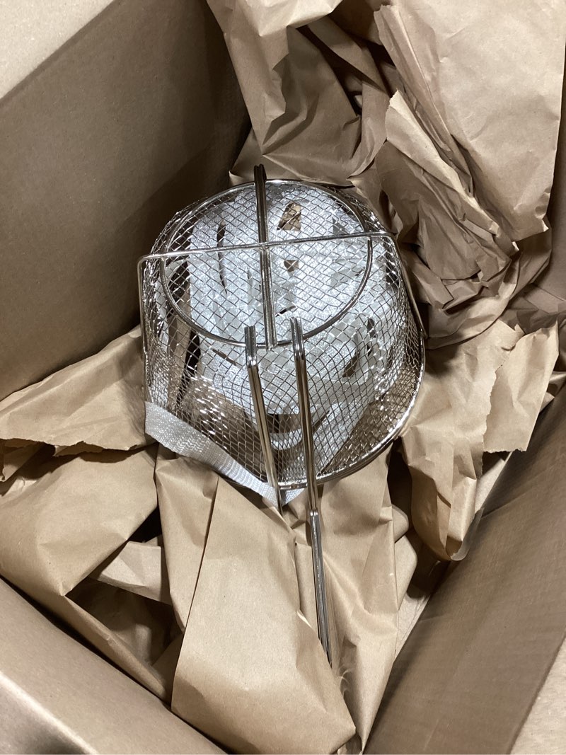 Condition photo showing Good Condition for slfb002 fry basket, 9-1/2\" dia. x 4-1/2\", front hook, bottom cross support, wire mesh, nickel plated