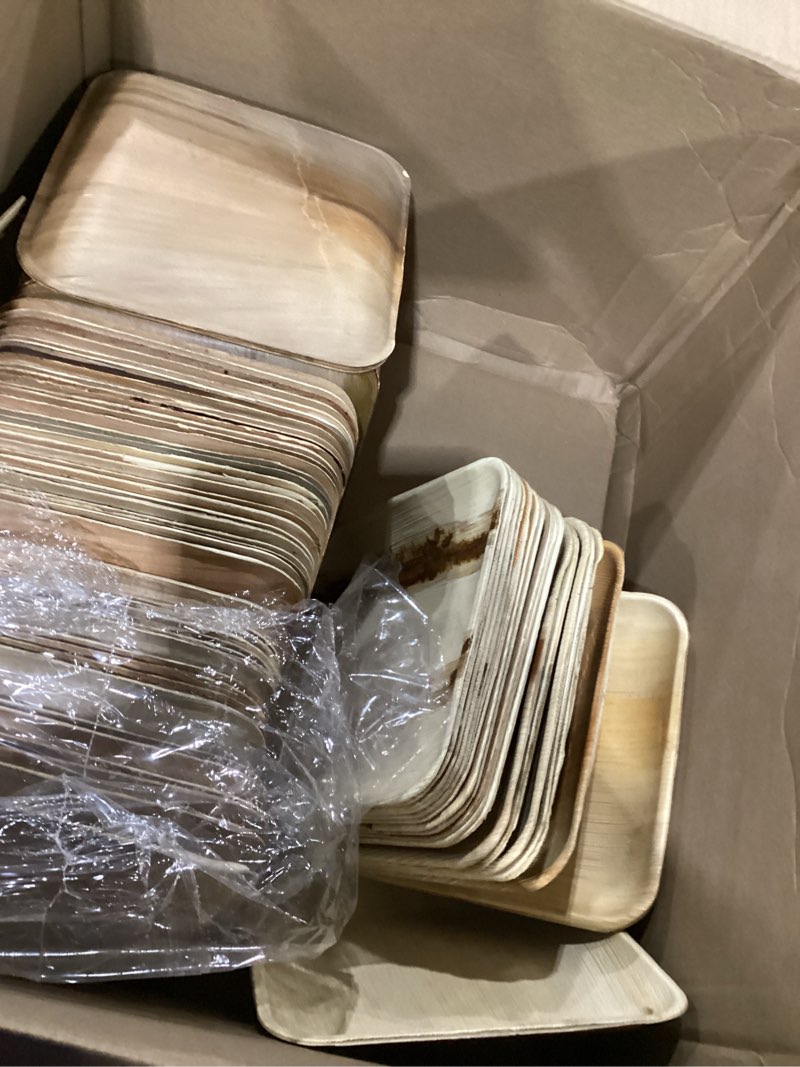 Condition photo showing As Is for koala love palm leaf plates bamboo disposable square 10 inch 100 bulk party pack elegant sturdy design better than paper and plastic plate (koalalove -plp-10in-100-plates) c-100 plates 10" square