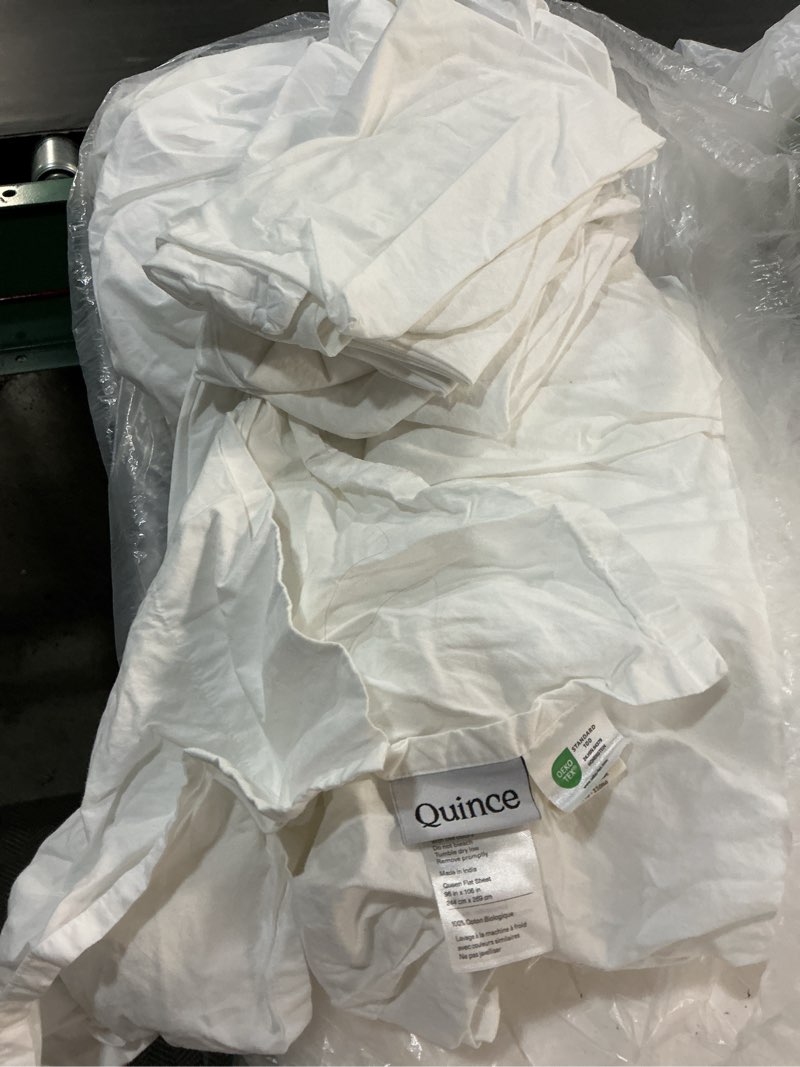 Condition photo showing As Is for organic brushed cotton deluxe bedding bundle, queen, white