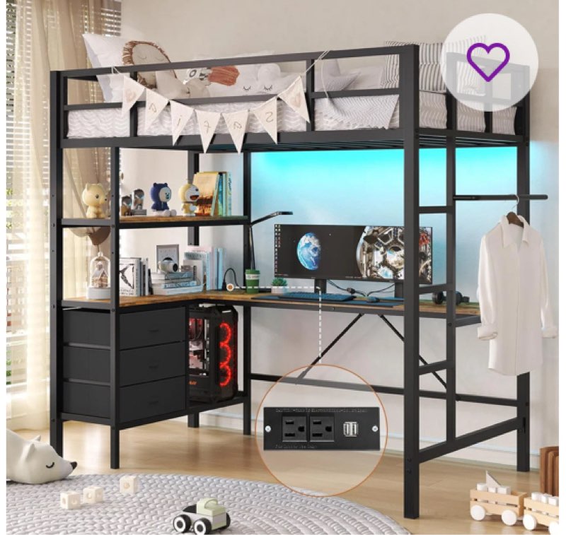 Metal Loft Bed With Power Outlet And LED Lighted, Space-Saving, Noise Reduced, Black Size: Twin XL