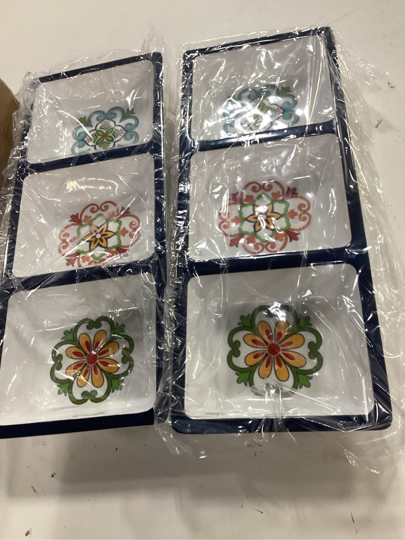 Condition photo showing Good Condition for 3-section divided serving trays, talavera 14.75”x 6” unbreakable melamine serving platter for serving food, 3 compartment condiment tray, rectangular condiment server set of 2
