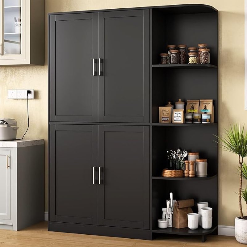 Kitchen Pantry Storage Cabinet, Food Pantry Cabinet With Doors & Adjustable Shelves, 64" Freestanding Cupboard, Tall Kitchen Cabinet With 5-Tier External Shelf For Kitchen, Dining Room