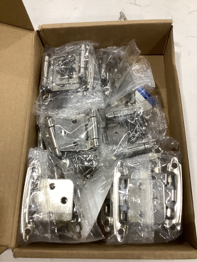Condition photo showing Good Condition for Ravinte 20 Pack (10 Pairs) 1/2 inch Overlay Cabinet Hinges, Self-Closing Semi-Concealed Face Mount, Satin Nickel Decorative Hardware with Door Bumpers for Kitchen & Cupboard Doors, Silver 20 Satin Nickel