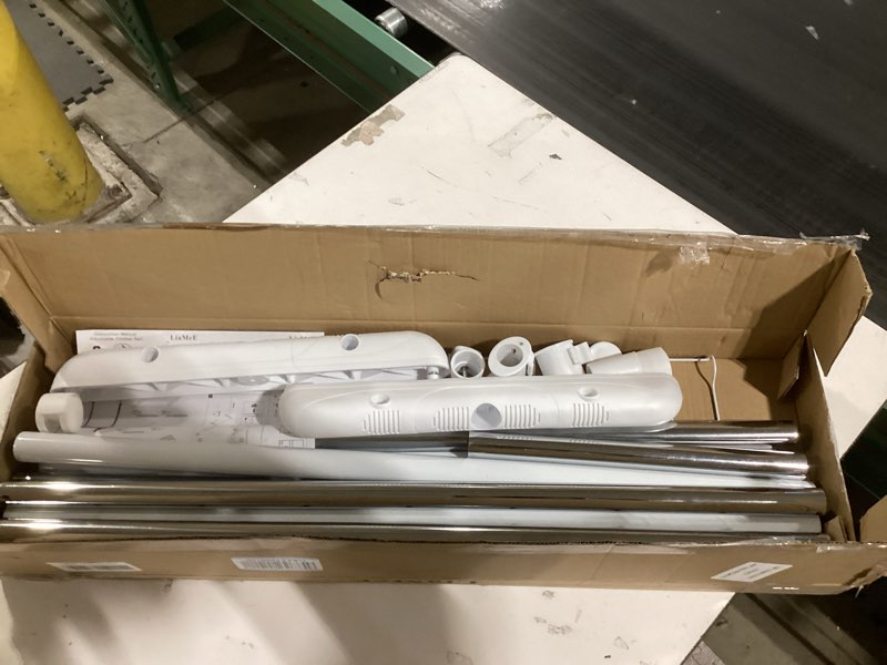 Condition photo showing As Is for LiaMeE Adjustable Clothing Rack for Hanging Clothes, Heavy Duty Garment Rack with Wheels?Free Standing Rolling Clothes Rack with Shelf & Grid, Easy Assembly Standard Rod, White & Chrome