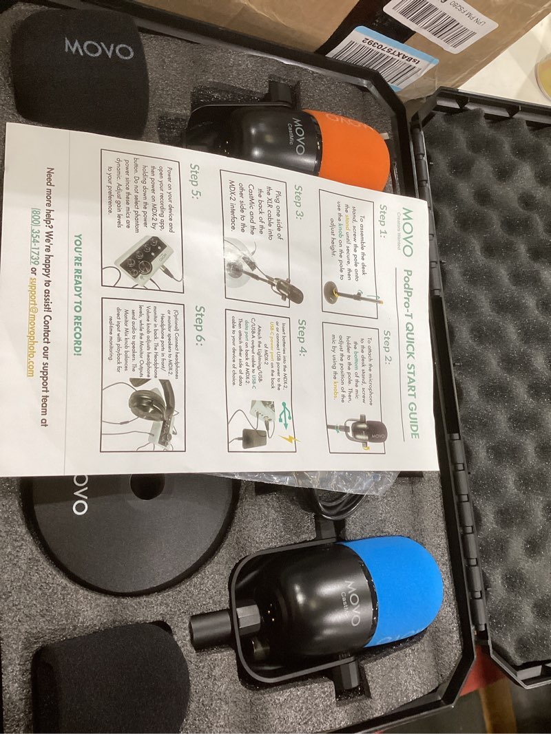 Condition photo showing Good Condition for Movo Portable Podcast Equipment Bundle for iPhone/Android Phones- Podcast Kit with Audio Interface, 2 CastMic Dynamic Mics, 2 Table Stands - For Smartphones, Computers, PC, Mac - Lightning, USB, USB-C with Desk Stands
