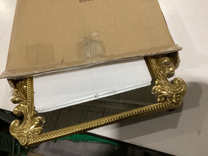 Condition photo showing New/Like New for vintage small arched mirror, 17 * 12in wall mounted vanity mirror for living room, bedroom, bathroom, entryway, porch, home and dormitory, versatile, vintage makeup mirror gold 20"l x 16"w