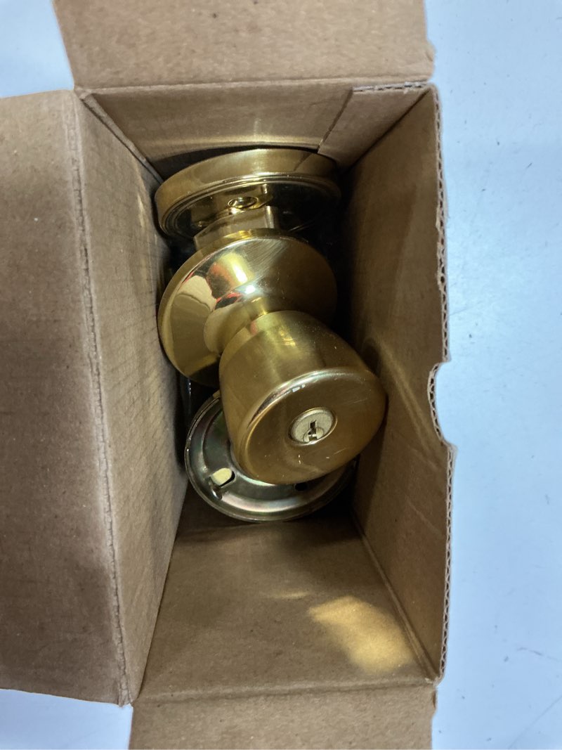 Condition photo showing As Is for reliabilt gallo polished brass exterior single-cylinder deadbolt keyed entry door knob combo pack