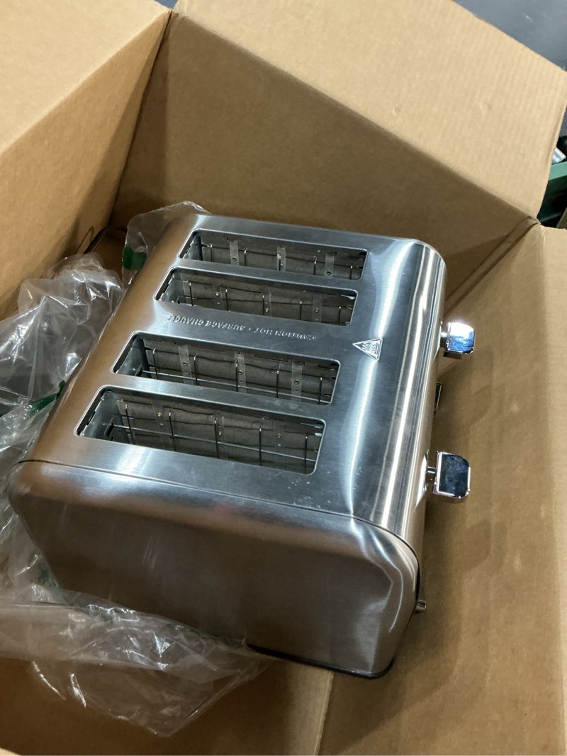 Condition photo showing As Is for toaster 4 slice, geek chef stainless steel extra-wide slot toaster with dual control panels of bagel/defrost/cancel function, 6 toasting bread shade settings, removable crumb trays, auto pop-up 11.5 x 10.43 x 7.09 inches
