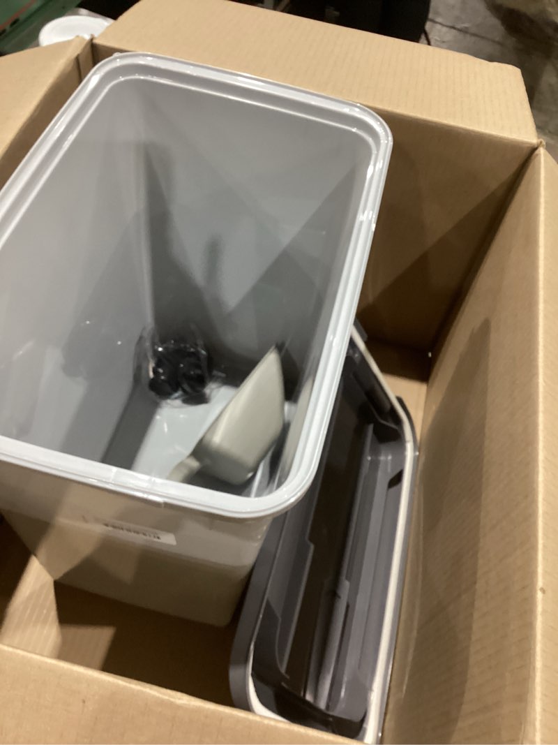 Condition photo showing Good Condition for iris usa dog food storage container with wheels, airtight lid, 2-cup scoop, up to 30 pounds pet food storage, built in scoop storage in lid, versatile pet food bin, portable, bpa free, gray/dark gray 30 lbs gray/dark gray
