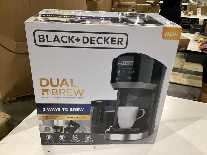 Condition photo showing New/Like New for black+decker dual brew 14-cup carafe single serve coffee maker with auto-clean function, compact design, k-cup & reusable ground filter compatible with 70 oz. water reservoir & fast brew technology