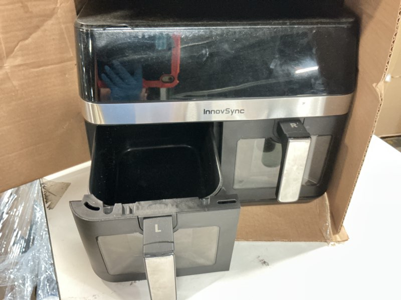 Condition photo showing As Is for 12QT Large Dual Air Fryer, 10-in-1 Double Zone Airfryer with 2×6QT Baskets, 60° Easy-Panel with Full Touchscreen, SyncCook Function, Viewing Window, Nonstick & Dishwasher Safe, 2 Dishes at Once, Black