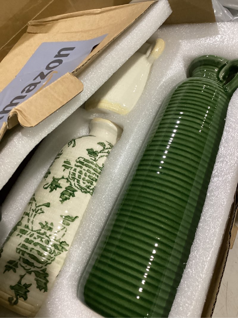 Condition photo showing Good Condition for ceramic vase set of 3 with handles, green white neutral rustic modern farmhouse boho decor, versatile as table centerpiece or mantel & shelf accent - unique home gift idea handle-green white