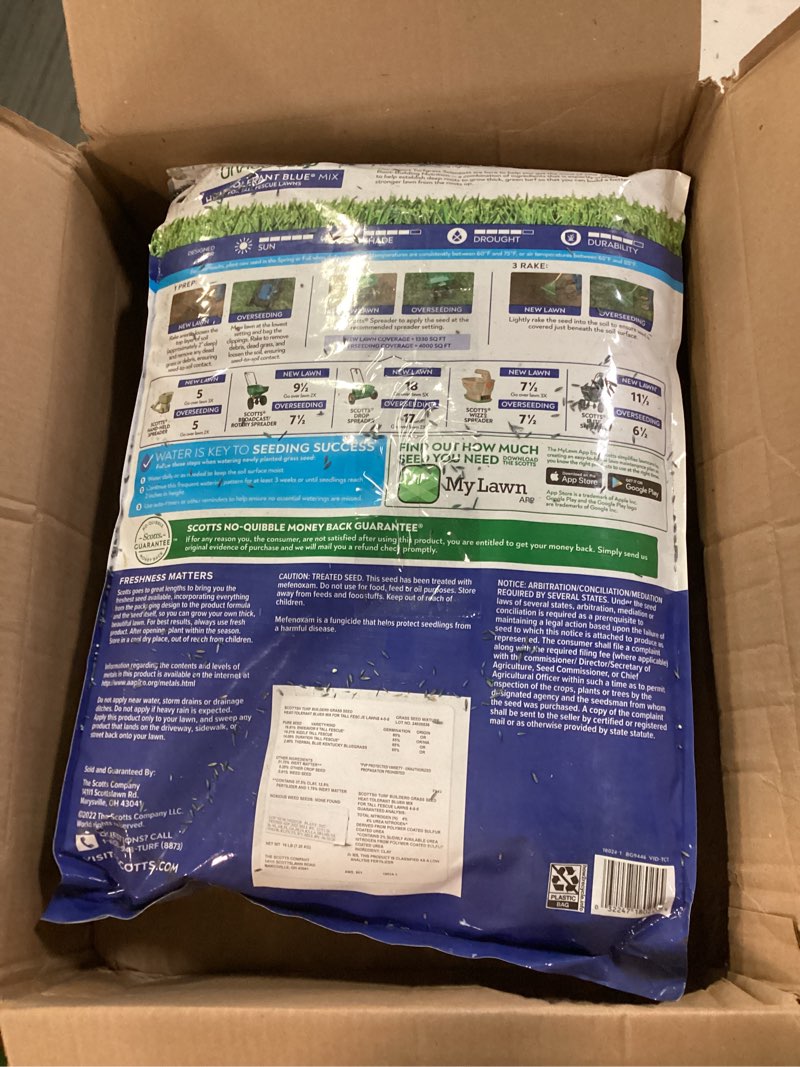 Condition photo showing As Is for scotts turf builder grass seed heat-tolerant blue mix for tall fescue lawns with fertilizer and soil improver, 16 lbs.