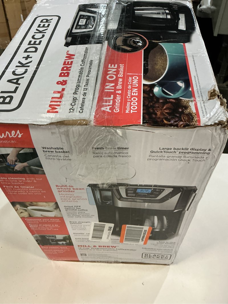 Condition photo showing As Is for BLACK+DECKER 12-Cup Mill and Brew Coffee Maker, Automatic Grind and Brew Drip Coffee Machine, Programmable, Sneak-A-Cup, Reusable Filter. 12-Cup Coffee System (incomplete)