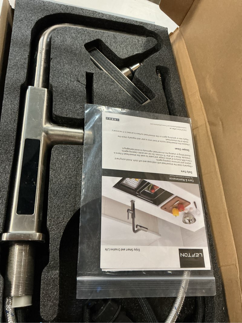 Condition photo showing As Is for lefton pull-out waterfall kitchen faucet with temperature display, two water outlet modes, single hole, brushed nickel, kf2209-0