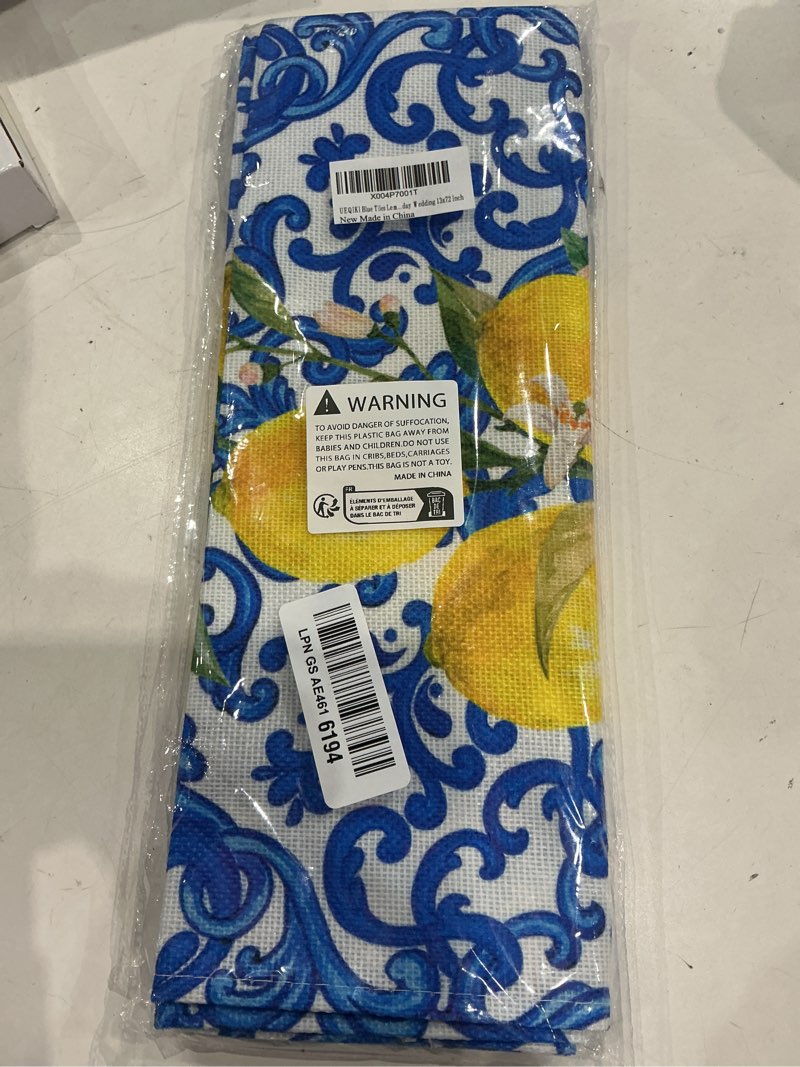 Condition photo showing Good Condition for blue tiles lemon table runner for home party decorations seasonal summer washable kitchen dining table decor for birthday party coffee table family dinners holiday wedding 13x72 inch blue lemon