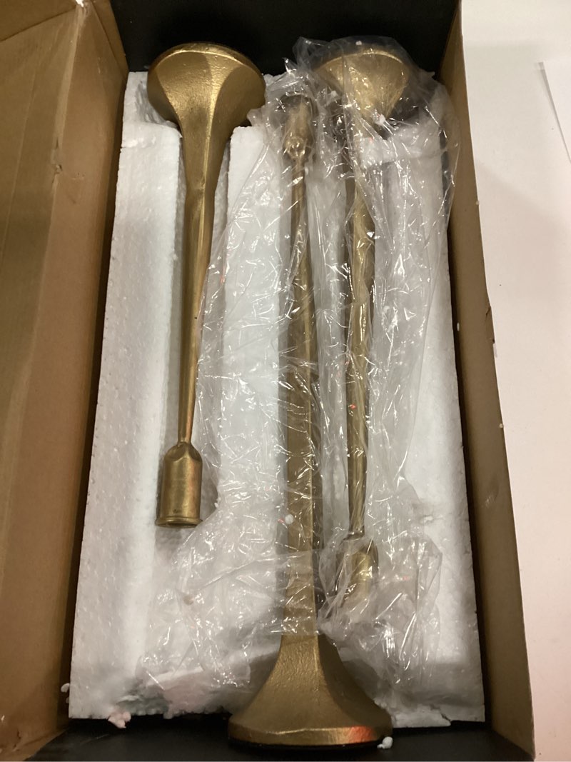 Condition photo showing Good Condition for denique iron taper candle holder set of 3, gold candlestick holders decorative candle stand, tapered candle holders tall set for wedding, dining table, home decoration (gold) gold 12”,14”,15.5”