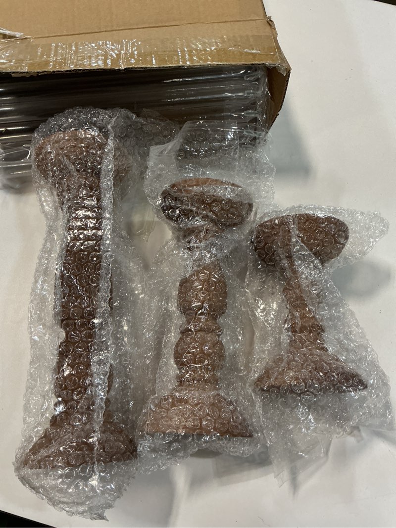 Condition photo showing New/Like New for Farmhouse Wooden Candle Holders for Pillar Candles Set of 3, Rustic Wood Candle Holder Table Centerpiece Decor, 12'' 9'' 6'' Vintage Tall Candle Stand Decorative, Brown Natural Brown