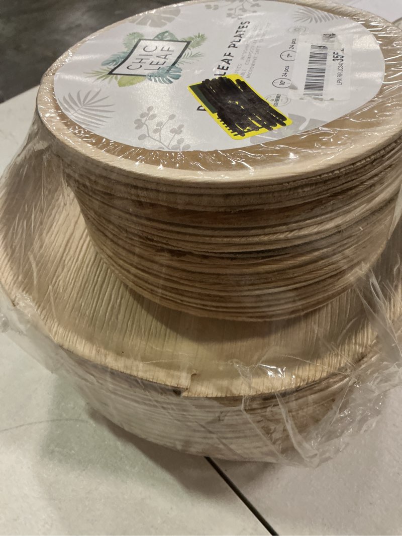Condition photo showing As Is for chic leaf plates 10” 24pcs 7” 24pcs round