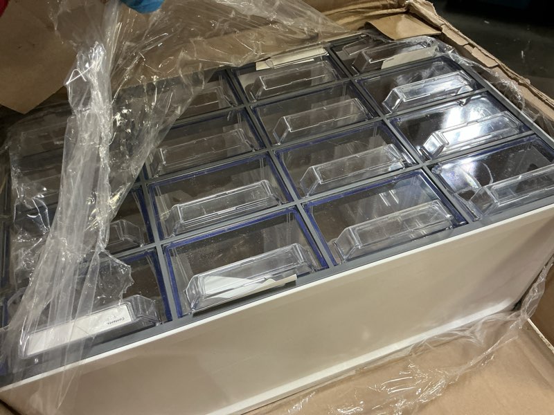 Condition photo showing As Is for blue ginkgo medium 16-drawer cabinet – stackable clear organizer for hardware, beads, plastic bricks, office, and craft storage (made in korea, gray) 16 drawer grey