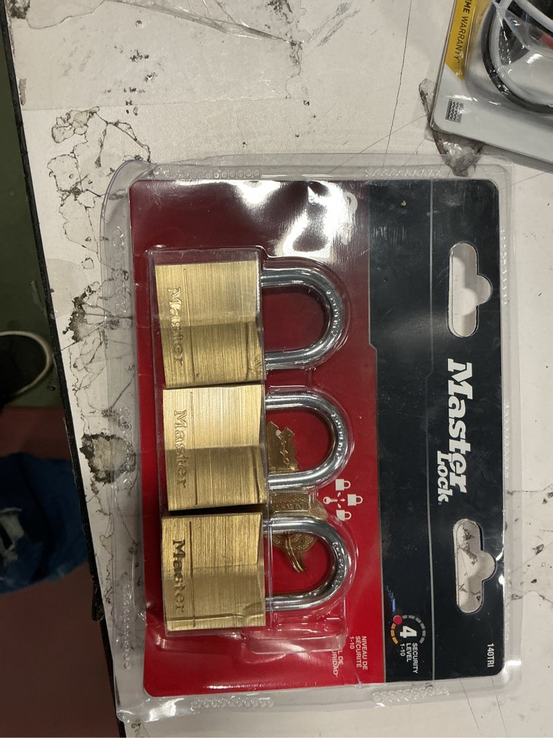 Condition photo showing New/Like New for Master Lock 140TRI Solid Brass Padlock with Key, 3 Pack, Gold
