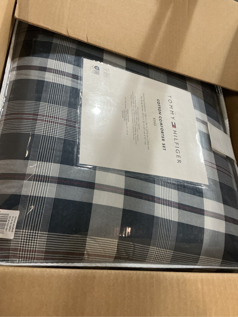 Condition photo showing Good Condition for tommy hilfiger - king comforter set, cotton textured bedding with matching shams, medium weight bed set, oeko-tex certified (dream madras blue) king dream madras blue