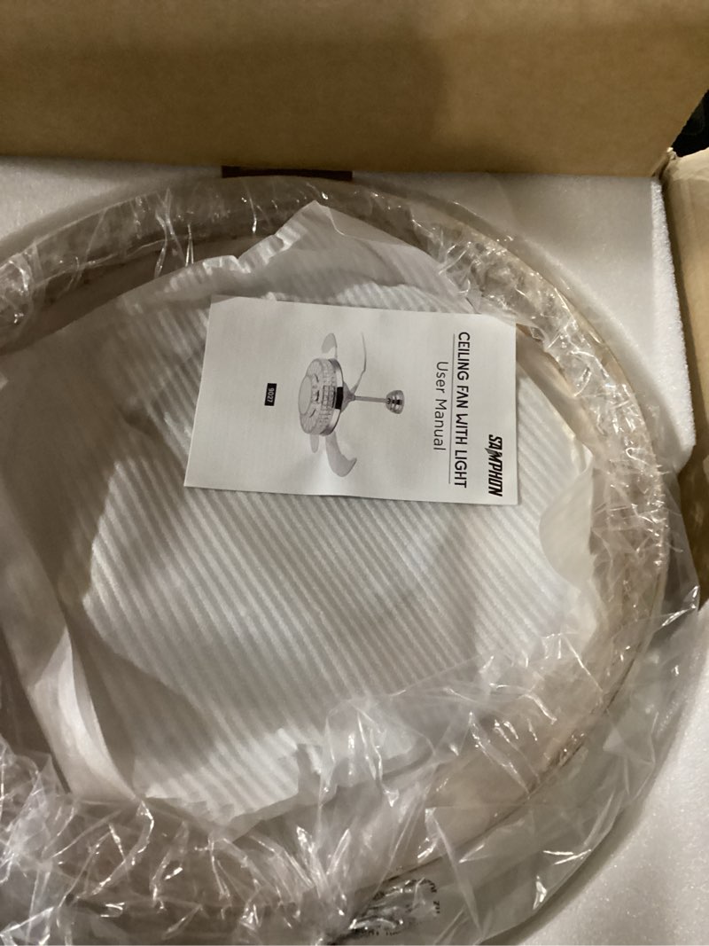 Condition photo showing New/Like New for 42" Retractable Ceiling Fans with Lights, Crystal Chandelier Ceiling Fan with Remote & APP Control, Modern Dimmable LED Fandelier for Living Room, Dinning Room, Bedroom (Gold)