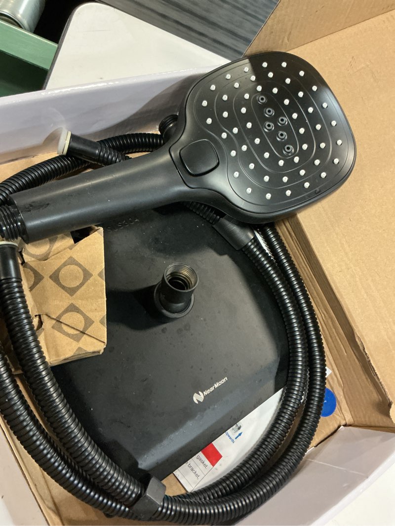 Condition photo showing As Is for nearmoon shower head with hose, high pressure stainless steel rain shower and 3 settings handheld spray combo with push button flow control (8 inch, matte black) matte black 8 inch