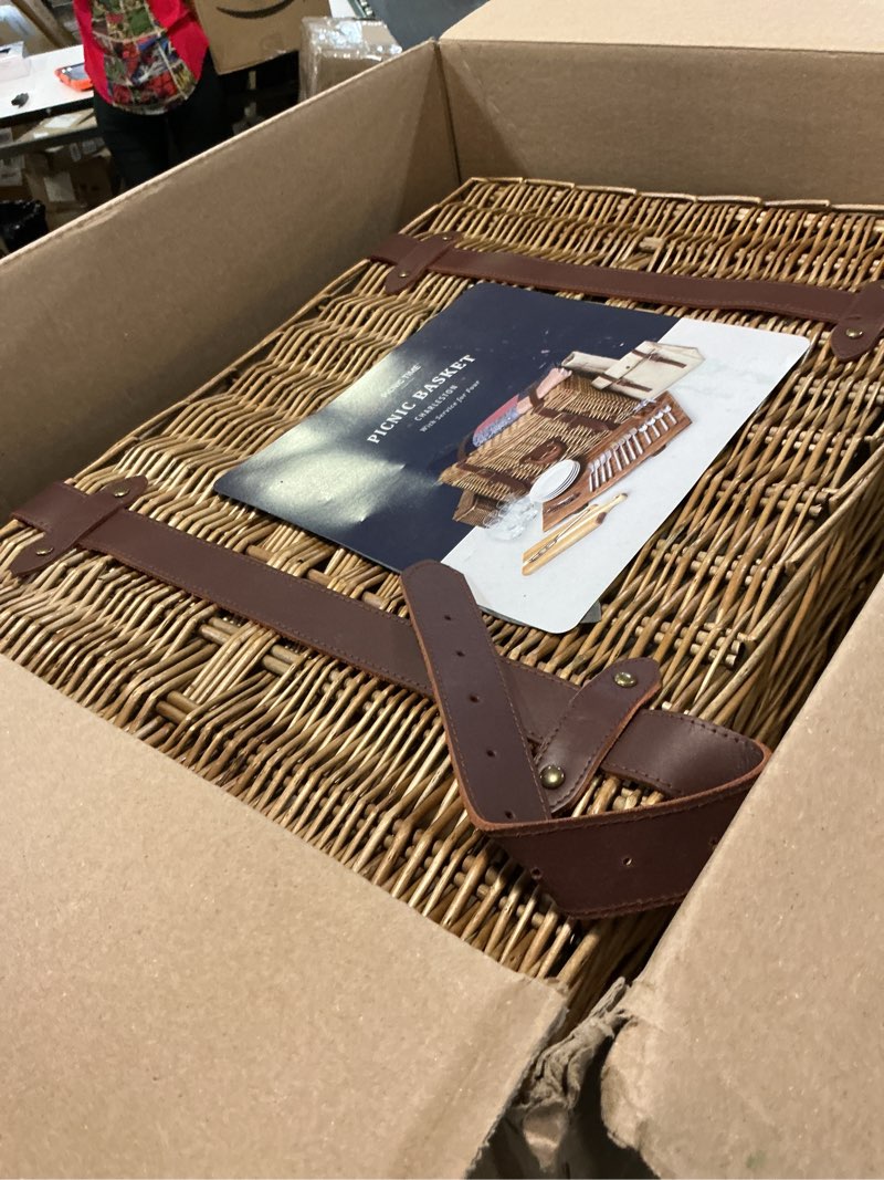 Condition photo showing As Is for picnic time charleston luxury picnic basket for 4, romantic vintage english-style wooden basket, complete deluxe service with blanket, suitcase-style handle and genuine cowhide leather, (beige canvas)