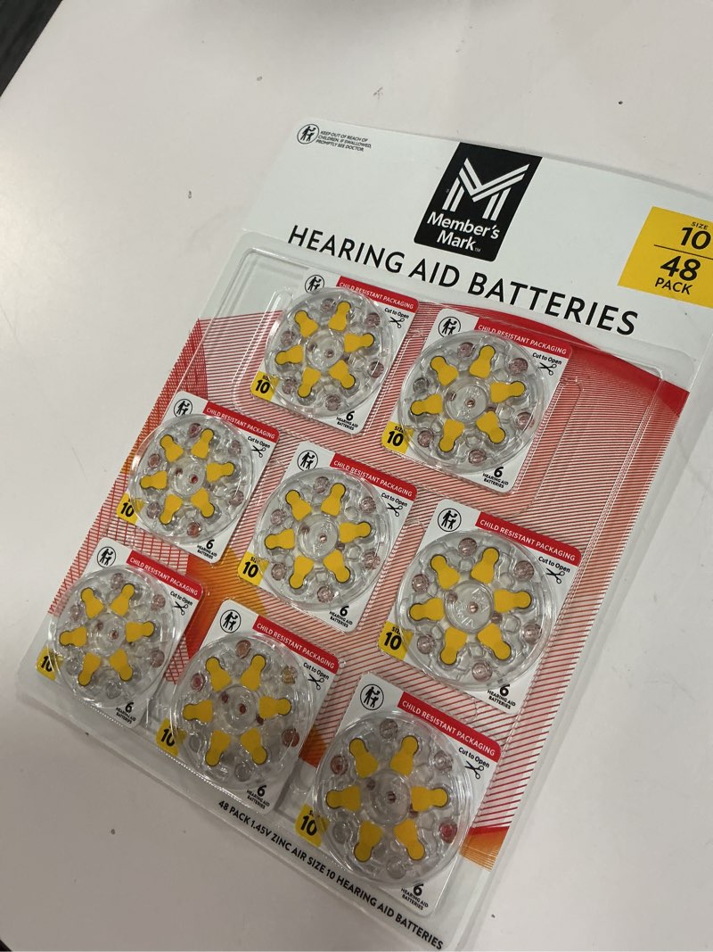 Condition photo showing New/Like New for member's mark hearing aid batteries, size 10, yellow tab (48 count)