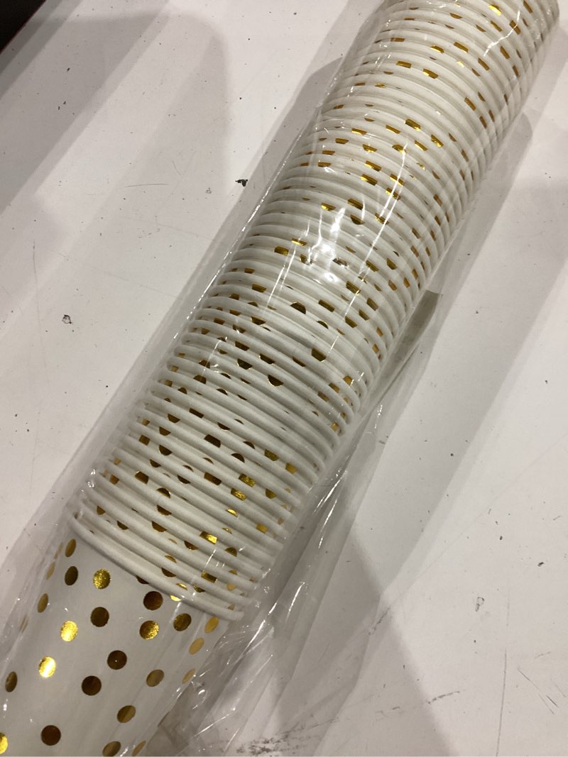 Condition photo showing As Is for white and gold paper cups,9 oz gold foil dot disposable cups for birthday wedding party supplies(50 pcs)