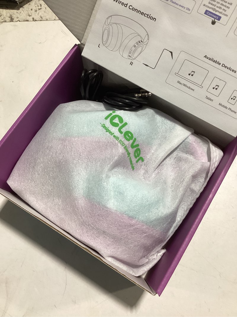 Condition photo showing Good Condition for iClever Auraa Active Noise Cancelling Headphones for Kids, LED Light Up, Bluetooth 6.0, Safe Volume 80dBA, 47H Play Time,Fast Charging,Kids Headphones Wireless with Mic AUX Cord for Travel iPad,Purple Light Purple