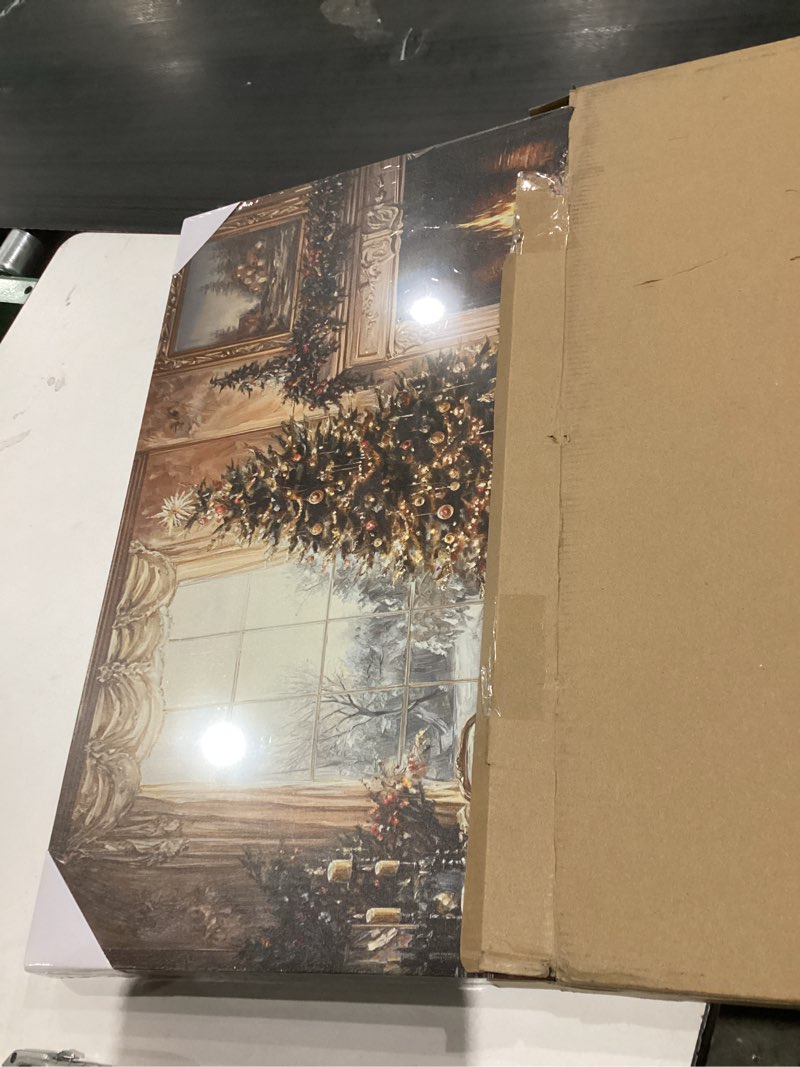 Condition photo showing As Is for Artiluxy Christmas LED Canvas Wall Art – 24x18in Lighted Christmas Tree with Fireplace Scene, Battery Operated, Timer Function, Vintage Holiday Décor for Home, Living Room, Entryway.