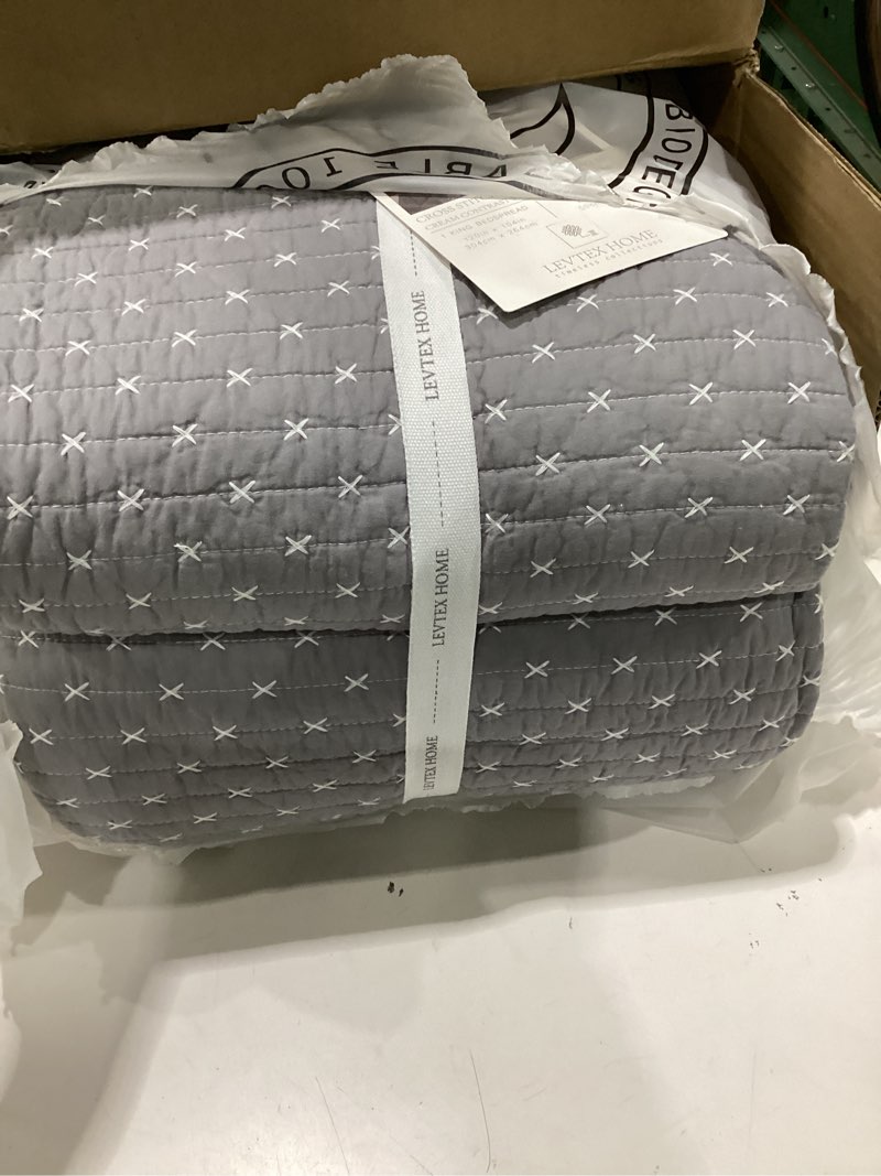 Condition photo showing Good Condition for levtex home cross stitch reversible king bedspread set (120x104in) with 2 pillow shams (36x20in) - stitch texture - grey and white - cotton king size bedspread set - soft, pre-washed bedspread - king white stitching on grey