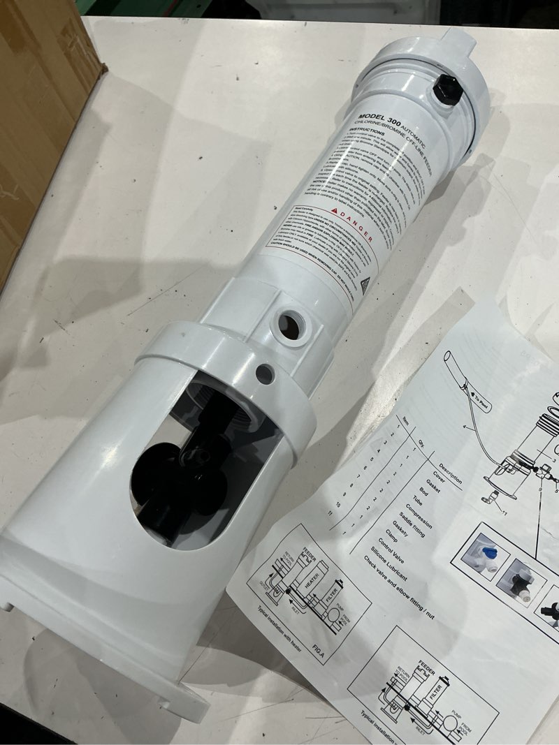 Condition photo showing As Is for upgraded r171016 pool chlorinator 300 chlorinator compatible with pentair rainbow r171016 300 automatic chlorine/bromine offline pool feeder, newly upgraded base and control valve