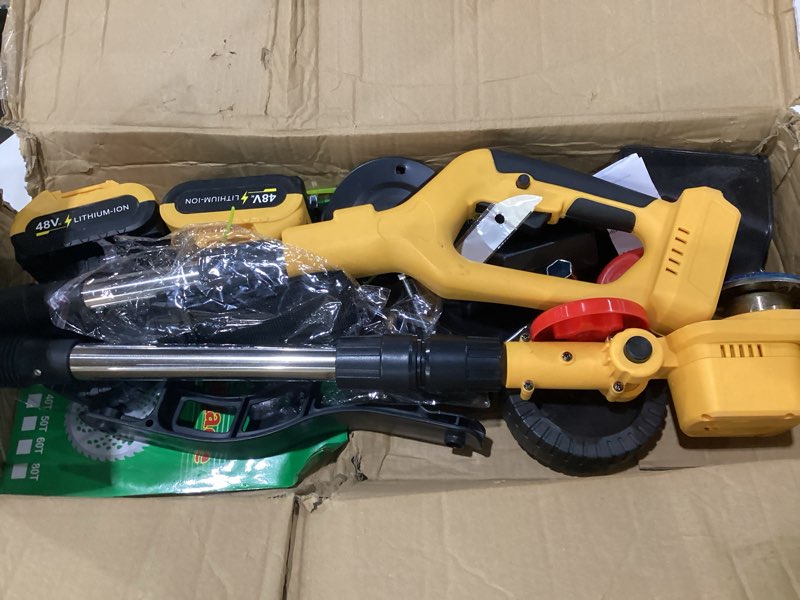 Condition photo showing As Is for 2026 new 30000 rpm brushless cordless weed wacker with wheels, 12-inch battery powered electric weed eater, 4-in-1 grass trimmer, brush cutter, stringless weed trimmer & lawn edger (yellow, 1 set) yellow 1