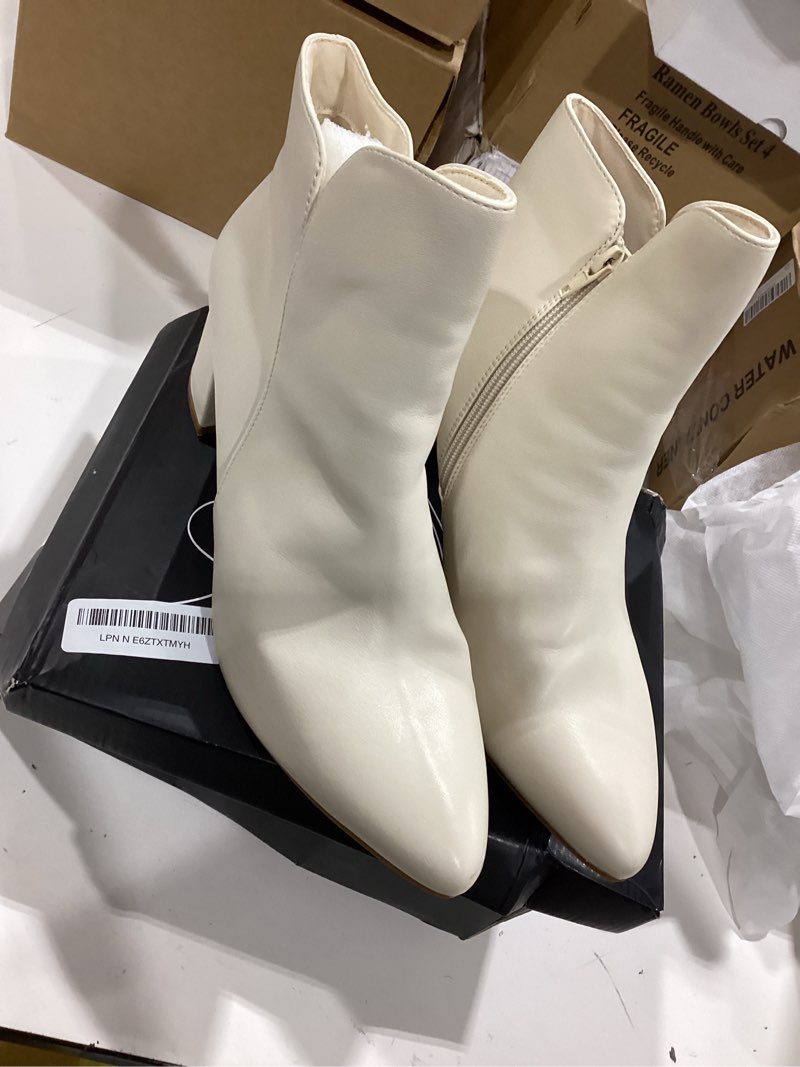 Condition photo showing Good Condition for mysoft women's ankle boots chunky block low heel comfortable pointed toe side v cutout dressy office booties with zipper 11 cream pu