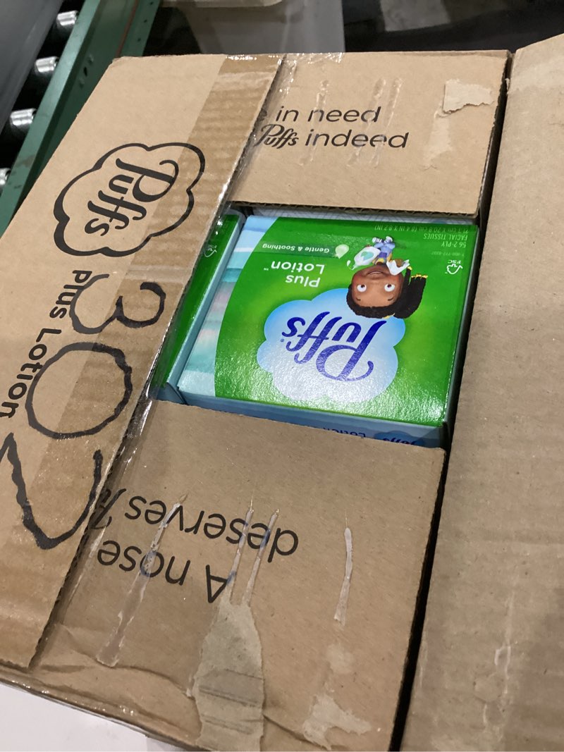 Condition photo showing New/Like New for puffs plus lotion facial tissue, 16 cubes, 56 tissues per box, allergies and colds 56 count (pack of 16)
