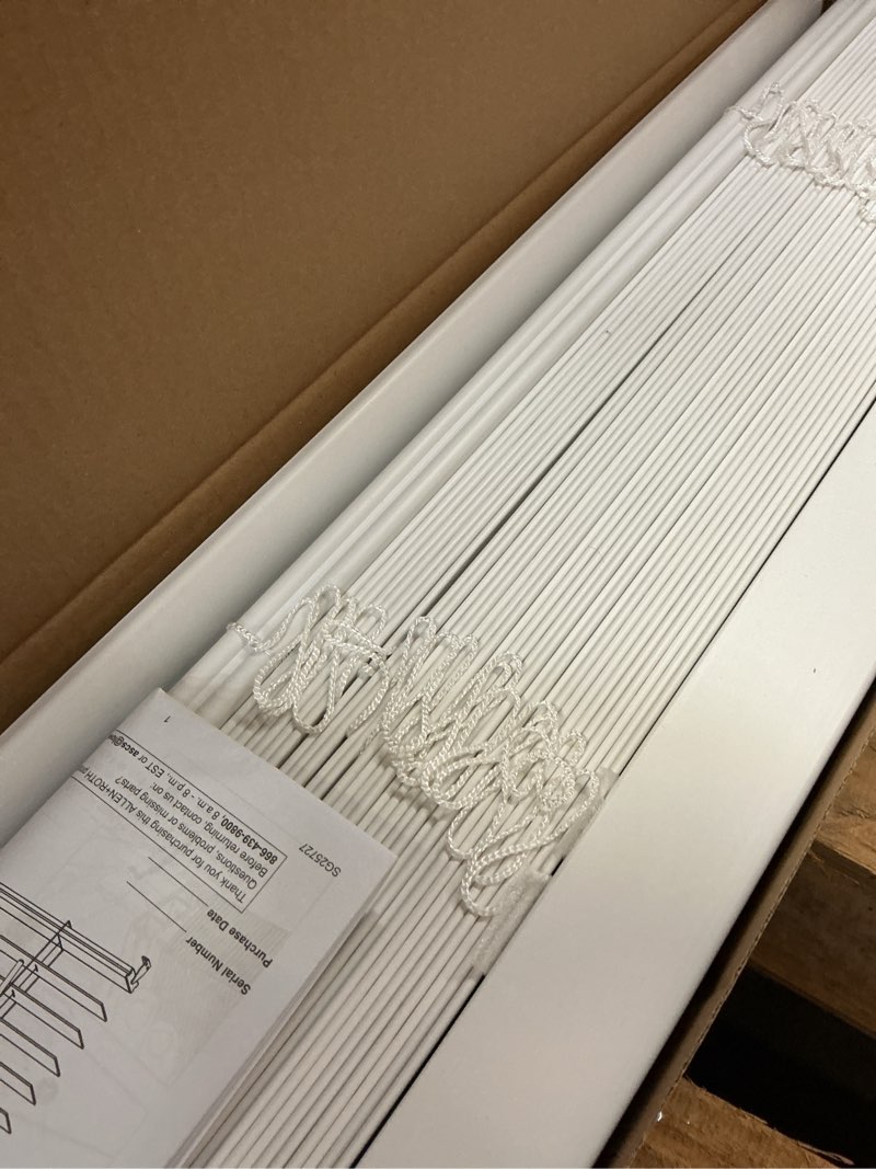 Condition photo showing As Is for (incomplete )allen + roth trim at home 2-in slat width 35-in x 64-in cordless white faux wood room darkening horizontal blinds