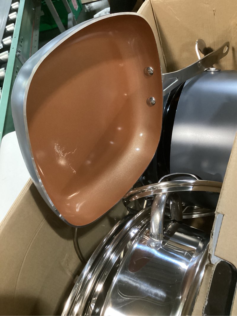 Condition photo showing As Is for Gotham Steel 12 Pc Ceramic Cookware Set Nonstick, Ceramic Pots and Pans Set Non Stick with Steamer for Cooking, Non Toxic PFOA PFOS Free, Ergonomic Stay Cool Handles, Oven & Dishwasher Safe, Copper 12 Piece Set