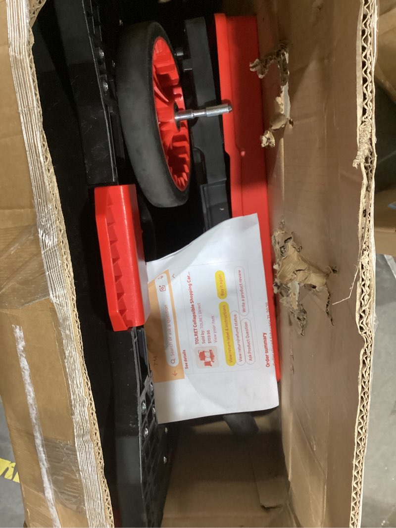 Condition photo showing As Is for tolret collapsible shopping cart with wheels, 200 lbs capacity grocery cart on wheels with storage crate, platform hand truck with foot brake, red red cart