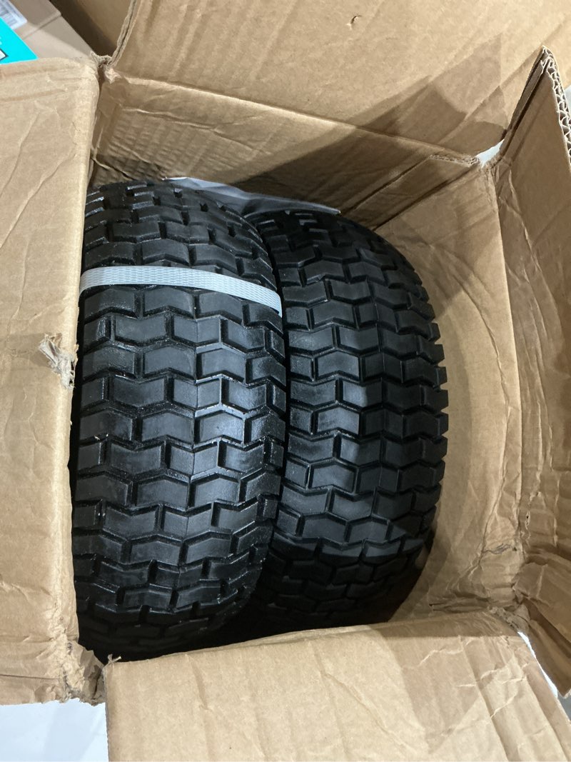 Condition photo showing Good Condition for 2-pack 13x5.00-6 flat-free tire with rim,3"centered hub with 3/4" bushings,w/grease fitting?400lbs capacity,13x5-6 no-flat solid rubber turf wheel,for riding lawn mower,garden cart,wheelbarrow